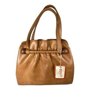 Lt Brown Retro Purse Shoulder Bag Organizer 1970s  Snap Closure Wood Accent Tags